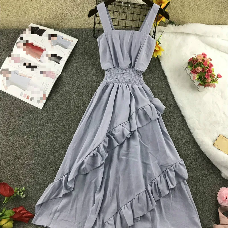 light blue Neploe/новое летнее пляжное платье с оборками для отдыха, женское винтажное платье-майка с тонкой талией, большие качели, Vestido, средней длины, ropa mujer 46425 - Цвет: light blue