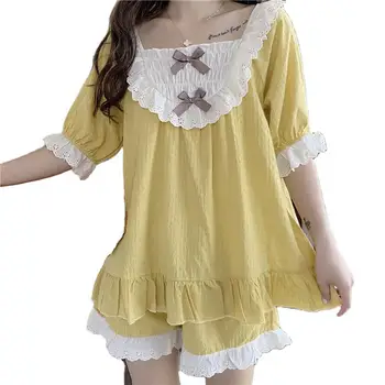 

Pajama Women 2020 Summer Sweet Splicing Square Collar Ruffled Short Sleeve Top Loose Shorts Home Wear