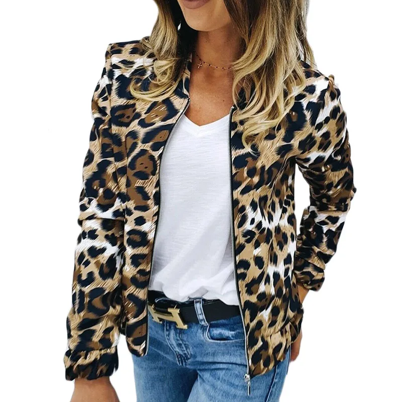 Женская куртка с леопардовым принтом, осенняя куртка со стоячим воротником, куртка-бомбер с длинным рукавом, повседневные топы, Женская куртка, топы для девушек