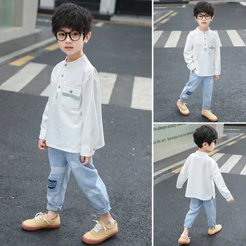 

2020 new children's clothing boy spring shirt suit in the big boy spring and autumn style jeans two-piece suit
