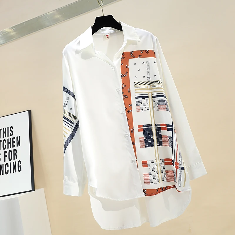 2020 Spring New Mid-Length Color Block Printed Chiffon Shirt Women Long Sleeve Top Long White Blouse Blouses Blusas Femme - 4.00068E+12