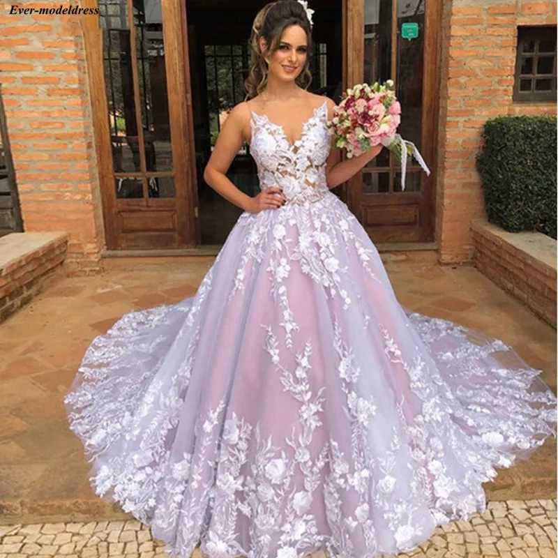 

Pink Wedding Dresses 2019 Lace Appliques Sheer Button Back O-Neck Sweep Train Bridal Gowns Bride Dress Robe De Mariage