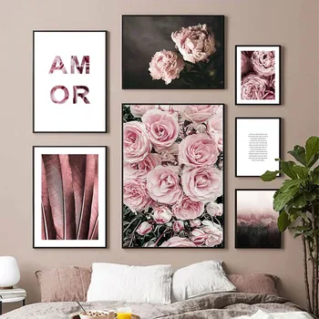 

Scandinavian Pink Rose Wall Art Symbol of Love Poster Flower Feather Nordic Style Canvas Print Painting Modern Living Room Decor