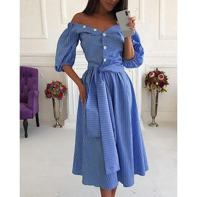 New Fashion Women's Off Shoulder Half Sleeve Pleated Dress V Neck Stripe Midi Dress Ladies Casual Holiday Party Wear Summer