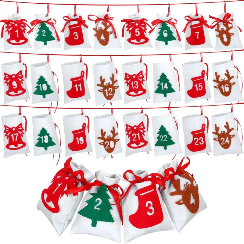 Christmas Advent Calendars 24 Days Countdown Calendar Hanging Felt Drawstring Gift Bags For Xmas Tree Holiday Party Decoration