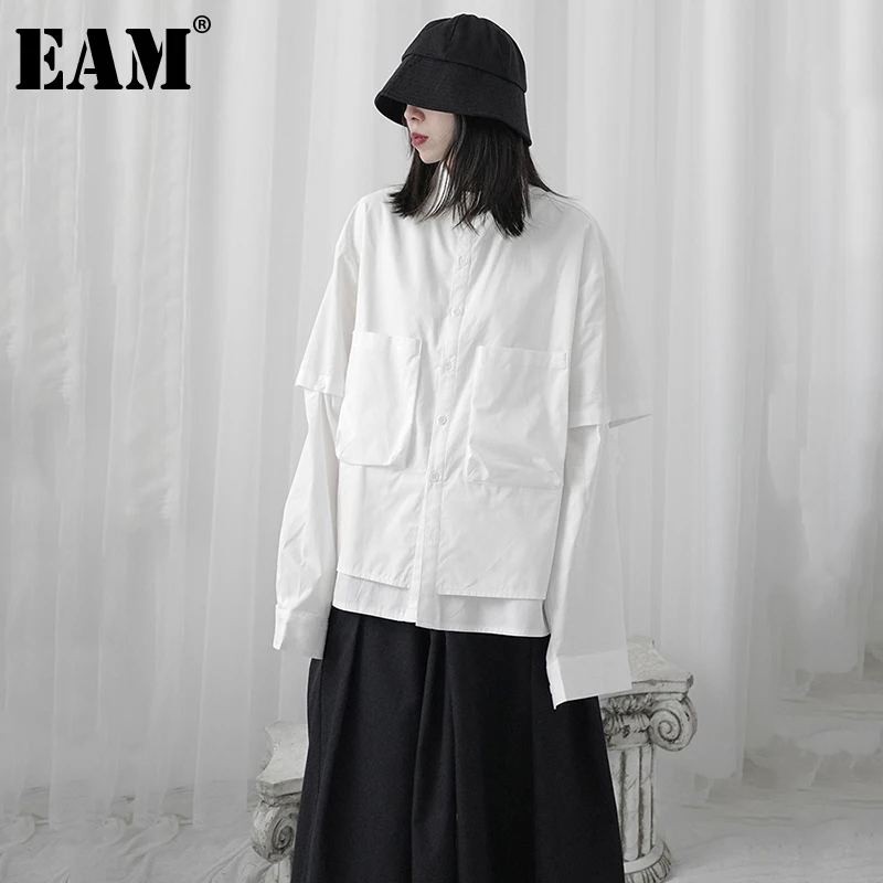 [EAM] Women White Irregular Split Big Size Blouse