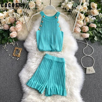 

2 Piece Set Women Autumn Knit Vest Shorts Suits Sleeveless Buttons Crop Top Shorts Set Women Clothing Sets Shorts Suit Outfits