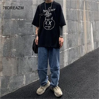 

Black Punk T Shirt Man Harajuku Brand male T-shirt Casual Summer Hip Hop Smile Tshirt Streetwear Cool Korean Style Top Tees Boys