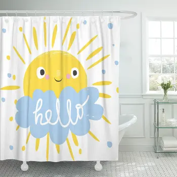 

Blue Kid Cute Sun and Cloud Says Hello Yellow Shower Curtain Waterproof Polyester 72 x 78 inches Set with Hooks