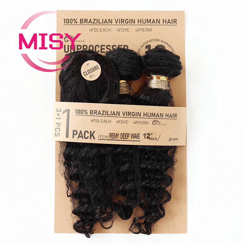 Short Deep Wave Bundles with Closure 100% Natural Human Hair Brazilian Hair Bundles with Machine Made Closure Non-Remy