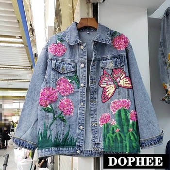 

2020 Spring New Industry Beads Flower Sequin Butterfly Long Sleeve Denim Jacket Women's Loose Cowboy Coat Slimming Jeans Jacket