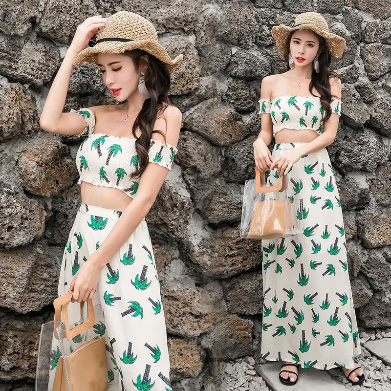 

Set 2018 Summer New Products Korean-style Horizontal Neck Tops + Chiffon Fashion WOMEN'S Dress Two-Piece Set