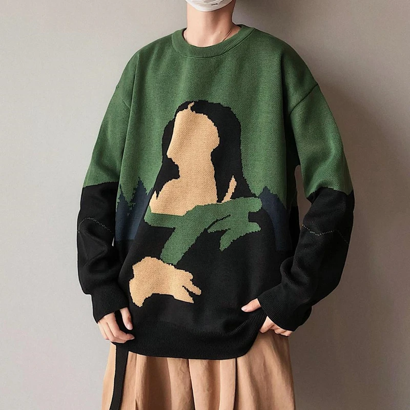 

Warm Mens Sweaters Pullovers Full O-neck Casual Warm Harajuku Vintage Harajuku Fashion Cartoon Loose Knitted Sweater Men