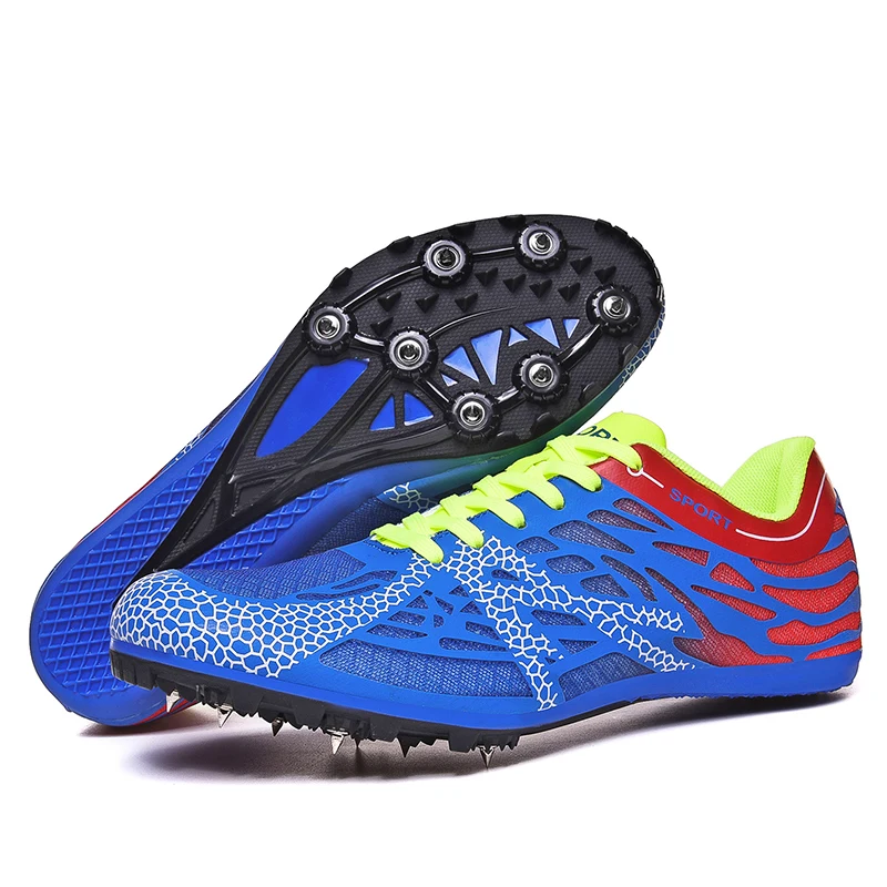 Men Women Boys Girls Track and Field Shoes Mesh Breathable Athletics Spike Shoes Black Blue Racing Sneakers Lightweight Trainers - Цвет: Blue