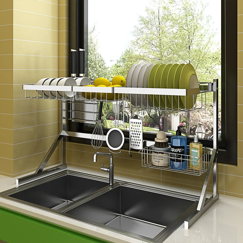 

Stainless steel drying bowl sink stand drain stand kitchen shelf supplies 2 floors shelf sink cupboard