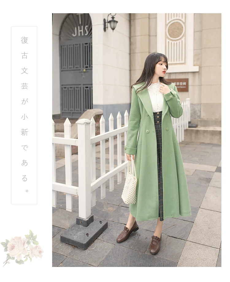 YOSIMI Winter Wool Coat Women Woolen Coat Turn-down Collar with Hooded Full Sleeve Long Coat Jacket Double Breasted Midi