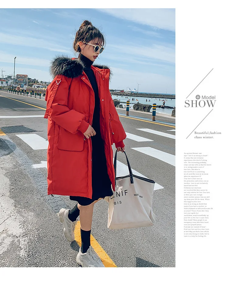 Winter jacket women Korean Version Mid-long Three-dimensional Pocket Large Hair Collar Down Cotton Clothes