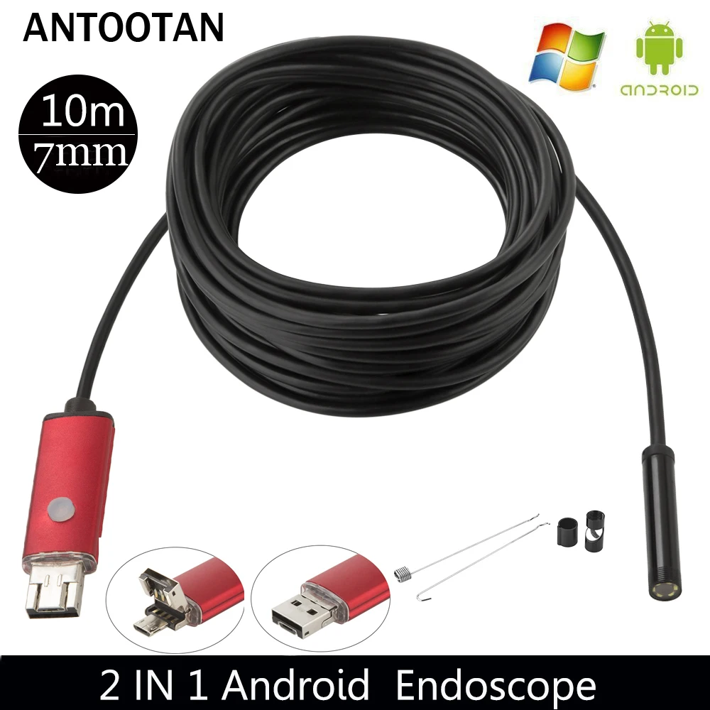 10m Borescope USB Camera Endoscope 7mm 2 in 1 OTG Micro USB Endoscopic Inspection Camera with 6 LED for Android/Win7/8/10