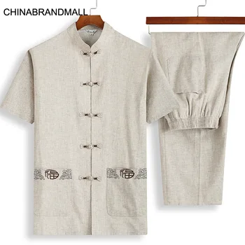 

Flax Tang Suit Male Short Sleeve Suit Middle-aged And Elderly Men's Wear Loose Middle Guofeng Big Size Chinese Style Cotton And