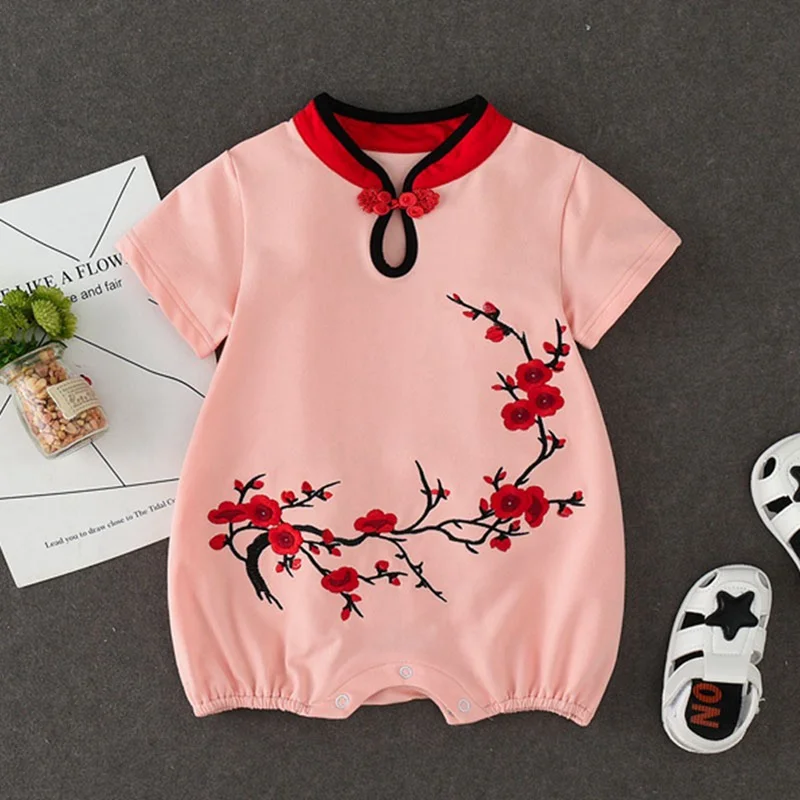 Детские летние комбинезоны в китайском стиле; Cheongsam Bebe; костюм с цветочным принтом; элегантные вечерние комбинезоны для малышей; стильная одежда для малышей