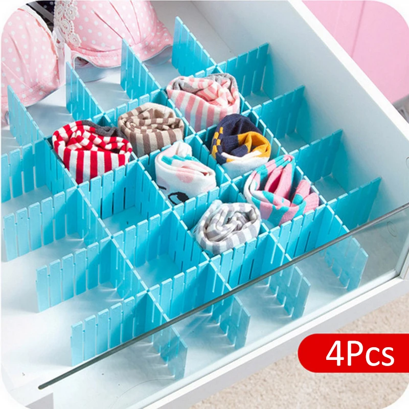 

4PCS Plastic Board DIY Drawer Interior Adjustable Sundries Storage Partition Closet Underwear Ties Socks Grid Divider Organizer