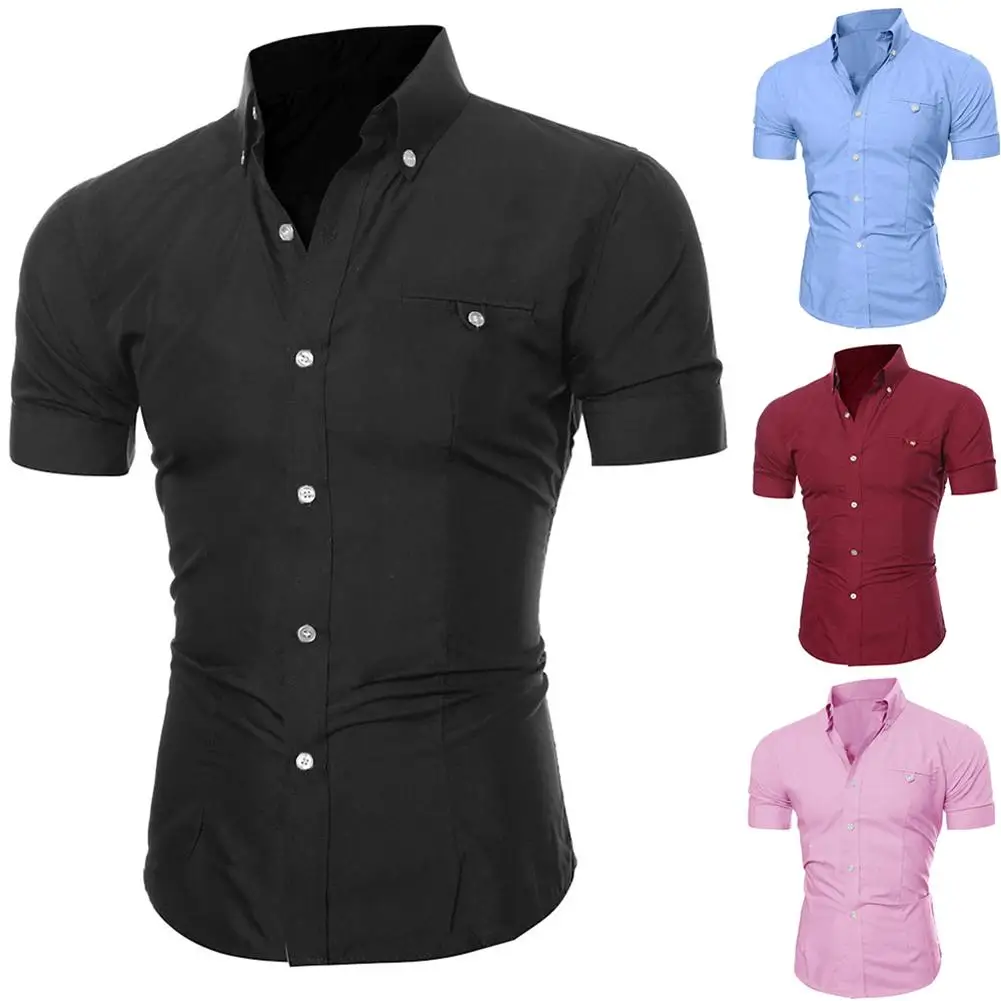 

2020 Newest Men Casual Solid Color Button Down Shirt Short Sleeve Thin Slim Fitness Lapel Tops Hot