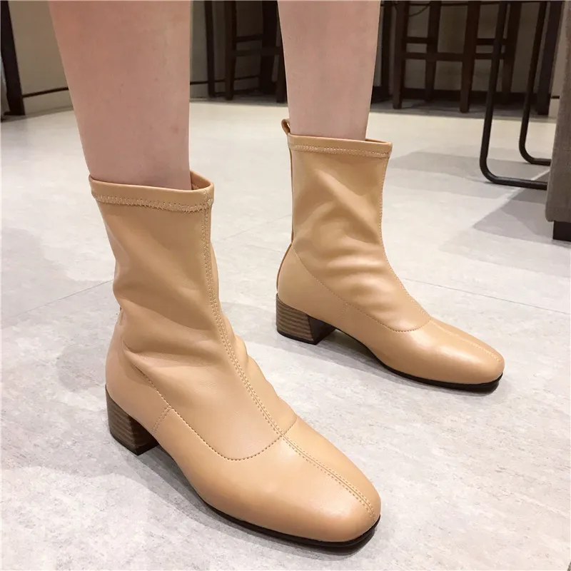 Bootee/ г. Женские ботинки на среднем каблуке со шнуровкой Женская обувь на резиновой подошве Роскошные Дизайнерские ботиночки для дождливой погоды Дамская Осенняя мода до середины икры