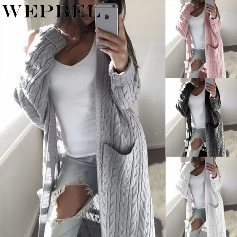 

WEPBEL Women Cardigans Long Knitted Pockets Casual New Fashion Autumn Winter Loose Plus Size Lady Sweaters