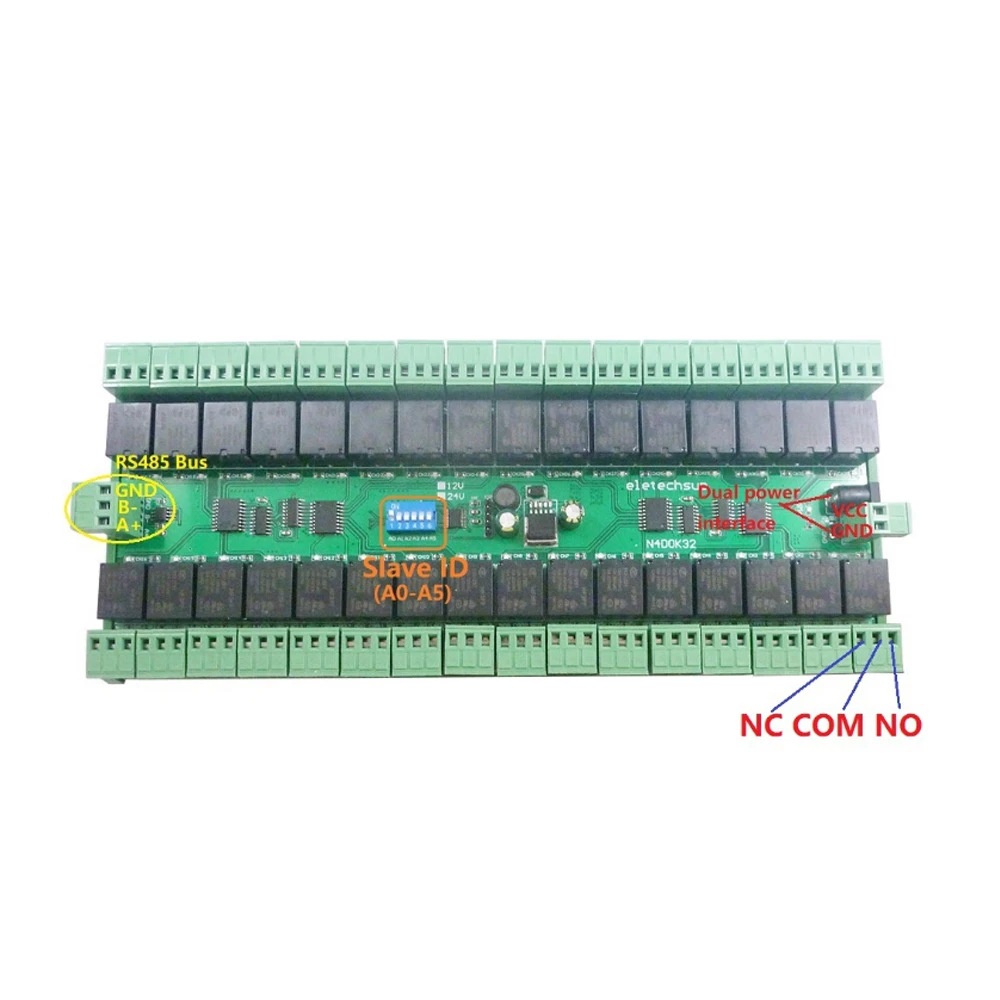 DC 12V 24V 32 채널 Modbus RTU RS485 릴레이 스위치 보드, DIN 레일 박스가있는 UART 직렬 포트 모듈 PLC 확장 보드