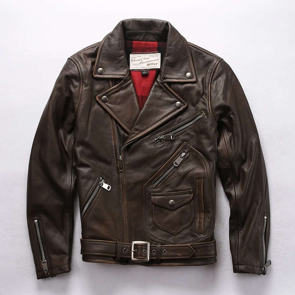 

AH1956 Read Description! Asian size genuine cow skin leather jacket mens cowhide casual vintage biker leather jacket