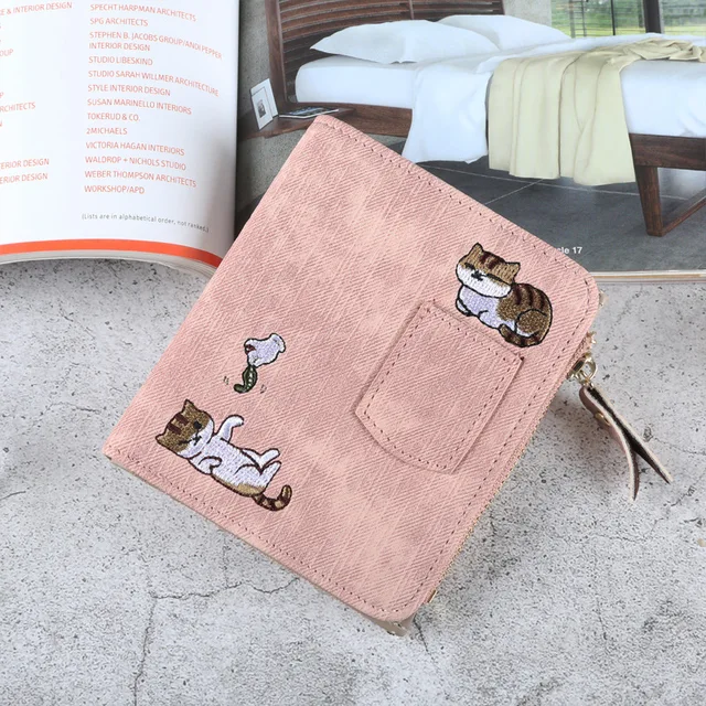 Embroidery Cat Women Short Wallet Zipper Coin Purse Short Women's Wallet Kawaii Mini Cards Holder Clutch for Girl Carteras Mujer 6