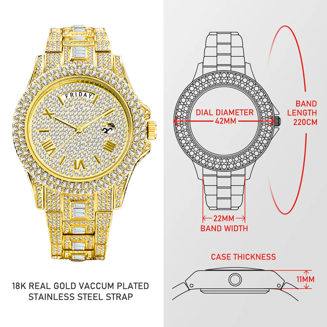 Missfox 18K Gold Mannen Luxe Designer Horloge Diamond Datum Dag Gewoon Ijs Out Quartz Horloges Dropshipping