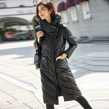 

Leather Jacket Women Sheepskin Genuine Leather Jacket for Women Clothes Slim Hooded Duck Down Winter Coat Women AKF 125A YY885