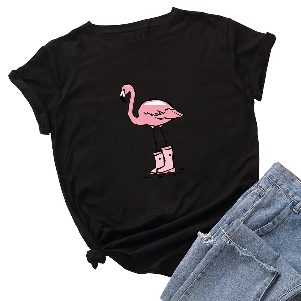 SINGRAIN женская футболка с принтом Koya, летняя Милая футболка с рисунком фламинго, повседневные футболки Harajuku, большие размеры, забавная хлопковая Футболка с журавлем
