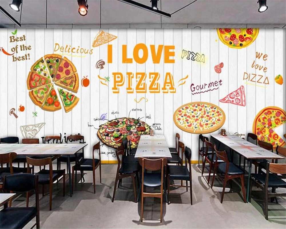 Beibehang Personalizzato 3D Murale Bianco Tavola Di Legno Pizza 3D Carta Da Parati Ristorante Occidentale Caffetteria Ristorante Carta Da Parati Per P