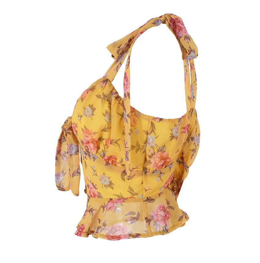 SRDP Boho Цветочный Принт Ретро Короткие топики женские укороченные топы с открытой спиной футболки Feminino повседневные летние пляжные милые девушки шифон Топик с оборкой