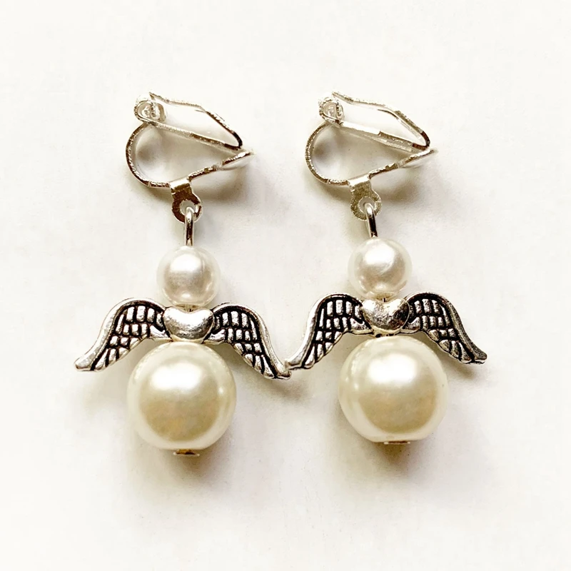 

White Simulated Pearl Clip Earrings without Piercing for Women Girl Angel Wing Charm Earrings