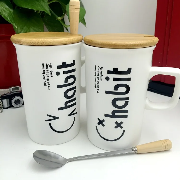 cheap Creative Ceramic Cup Smiley Cup Mug Coffee Cup Gift Cup with Stainless Steel Spoon with Wooden Lid