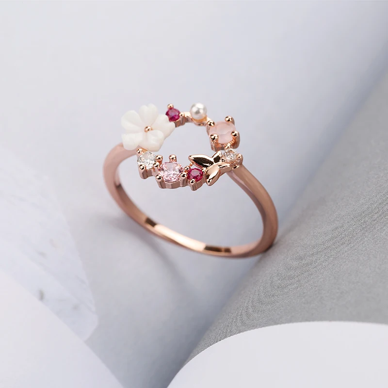 Модные романтические бабочки цветок кольцо Хрустальные Обручальные кольца для женщин розовое золото циркон изысканное кольцо ювелирные изделия девушки подарки