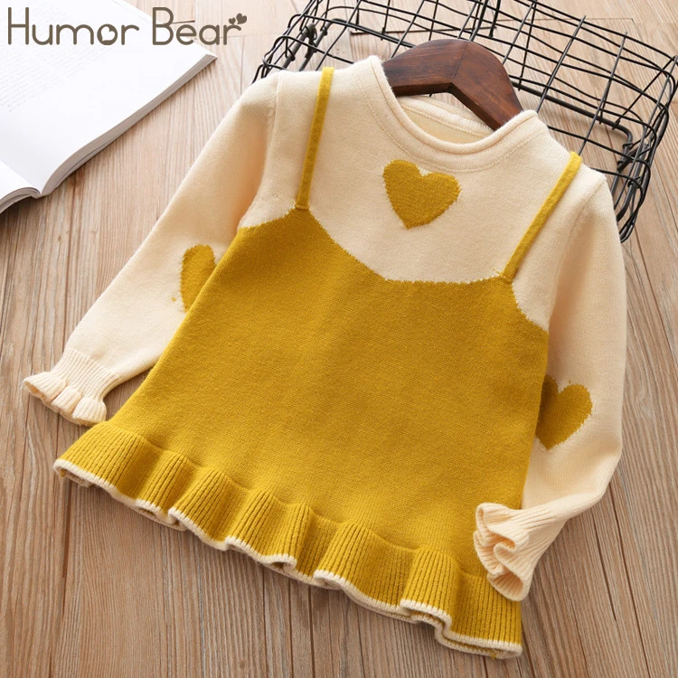 Humor Bear Kids Autumn Winter Sweater Baby Girl Clothes Bell Sleeve Love Fake Two-Piece Tops Korean Cute Baby Girls Clothing