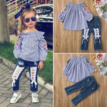 

3-8Y Toddler Girls Kids Clothes Sets Flower Striped Off Shoulder Tops Hole Denim Trousers Clothes Outfits 2PCS