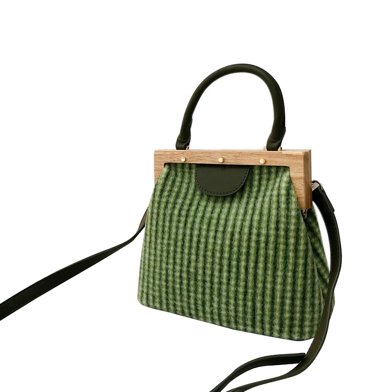 Новая Ретро сумка с вставкой из шерсти с деревянной верхней ручкой, сумка-ведро с пряжкой, женская сумка через плечо, клатч, кошелек, женская сумка