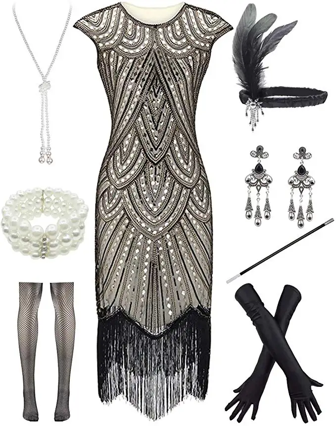 15 размера плюс 4XL Great Gatsby женские Хлопушка платья 1920s блесток бисером бахромой платье w/Набор аксессуаров XS-XXXXL чулок - Цвет: Бирюзовый