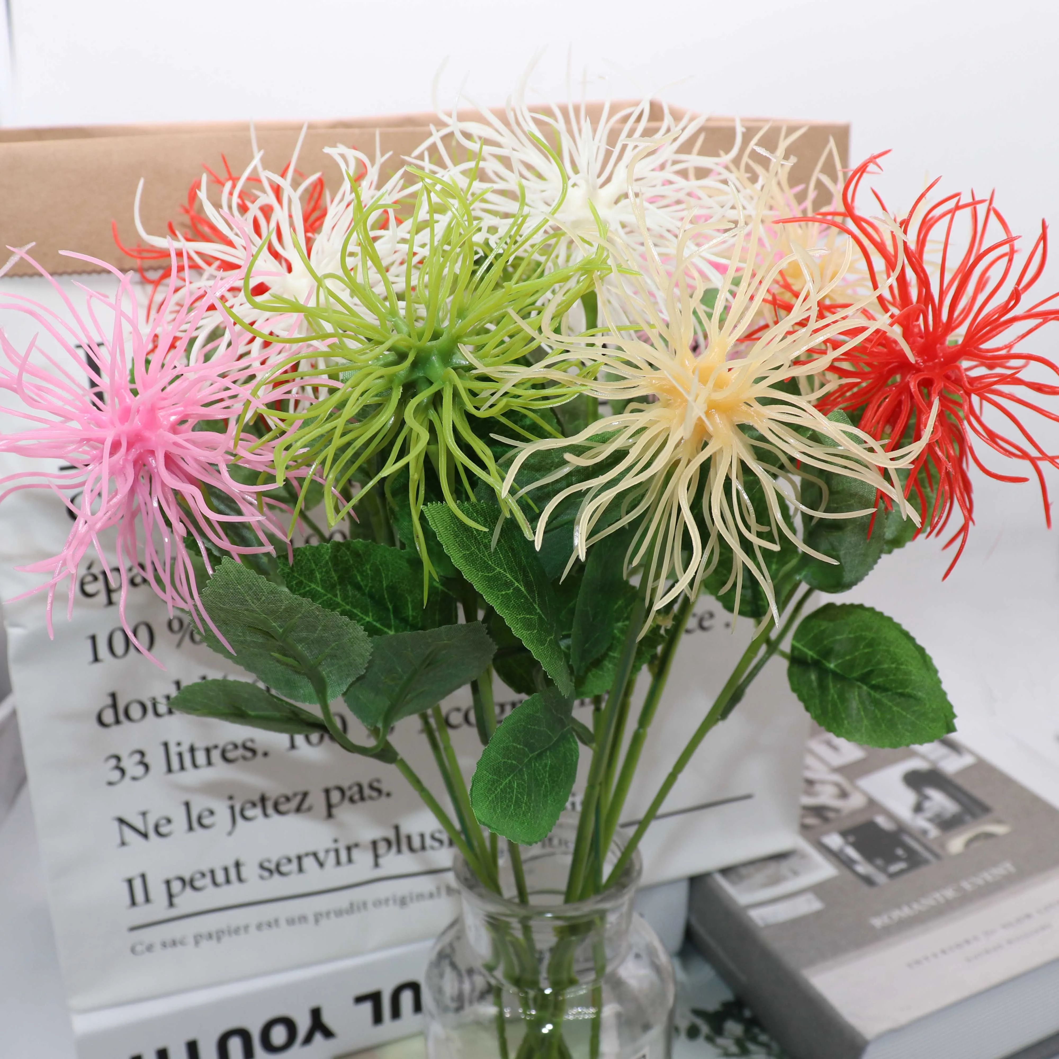 

New 5 pcs artificial glitch plant Simulated sea urchin fake plant new peculiar flower decor for home party office garden decor