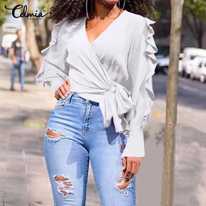 

Celmia Fashion Elegant Long Sleeve Ruffles Blouses Women Sexy V-Neck Solid Tunic Tops Casual Bandage Shirts Ladies Blusas 2020
