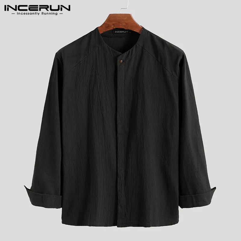 INCERUN Vintage Men Shirt Long Sleeve Retro Cotton Linen Button Casual Blouse V Neck Solid Chinese Style Shirts Men Camisa