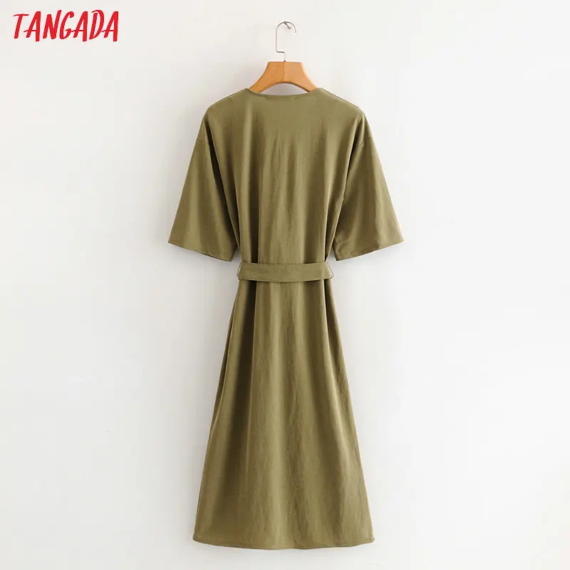 Tangada Women solid amy green long jumpsuit short Sleeve v neck bow tie female casual Jumpsuit HY35