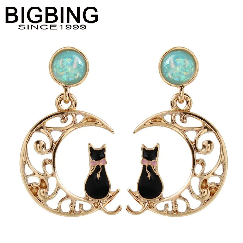 J244 BIGBING ювелирные изделия, модные золотые серебряные серьги-гвоздики с Луной кошкой, модные серьги-гвоздики, Женские Ювелирные изделия высокого качества