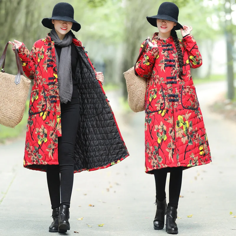 

National Wind Cotton Overcoat 2019 Winter New Style Large Size Mid-length Cotton Linen Thick Quilted Trench Coat Women's