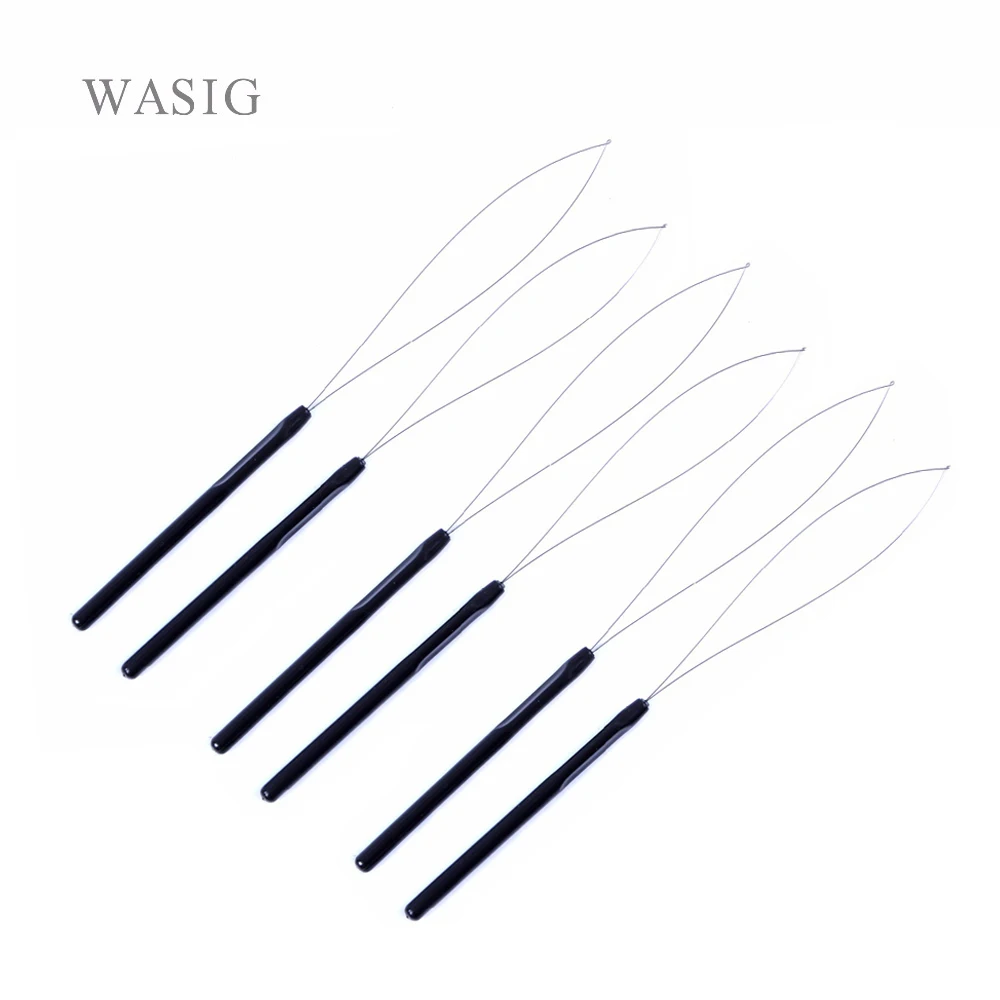 Hair Extension Hook Pulling Tool 6 pcs Needle Threader Micro Rings Beads Loop Plastic Handle With Iron Wire Black